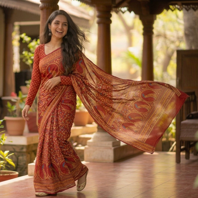 photo - 5  Red Pure Chiffon Saree with Artistic Bird Motifs 