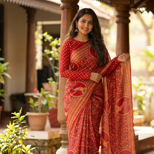 photo - 6  Red Pure Chiffon Saree with Artistic Bird Motifs 