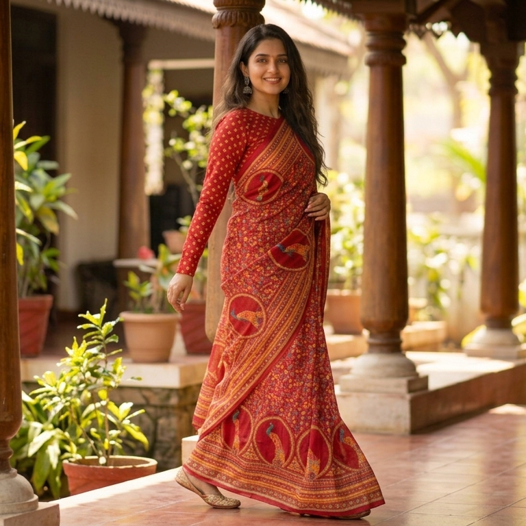 photo 2 Red Pure Chiffon Saree with Artistic Bird Motifs 