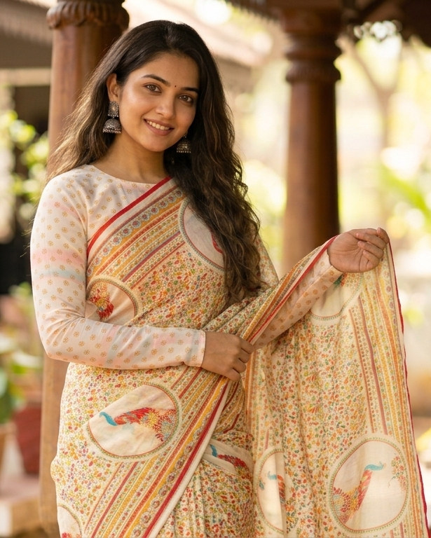 photo 4 - Elegant Ivory Pure Chiffon Saree with Bird Motifs