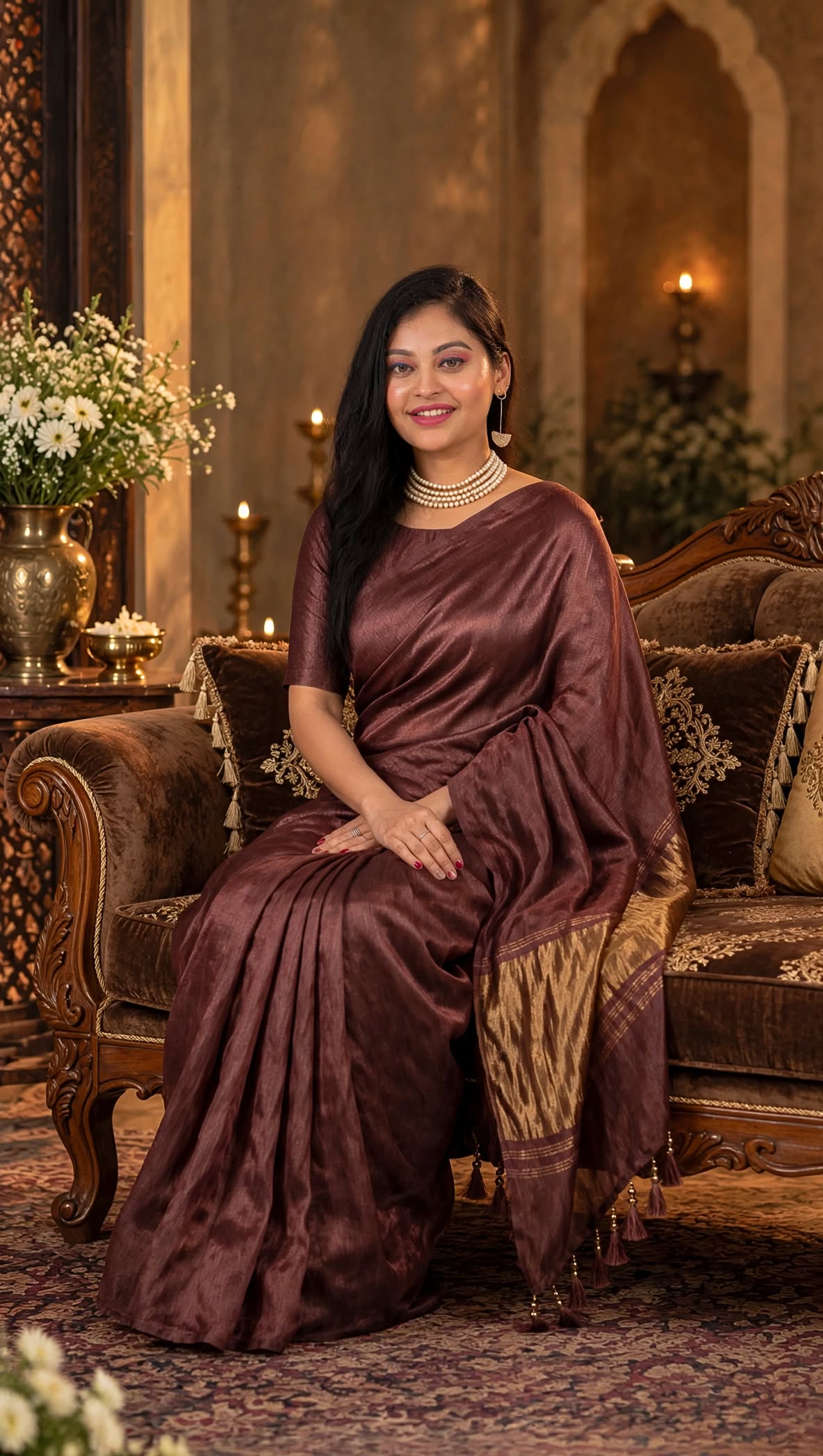 Premium Emerald Deep Rose Brown Gaji Silk Saree