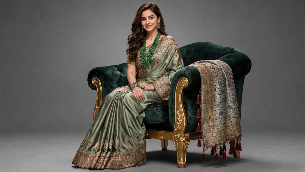 Sage Green Satin Silk Saree with Gold Zari Border & Floral Pallu