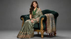 Sage Green Satin Silk Saree with Gold Zari Border & Floral Pallu