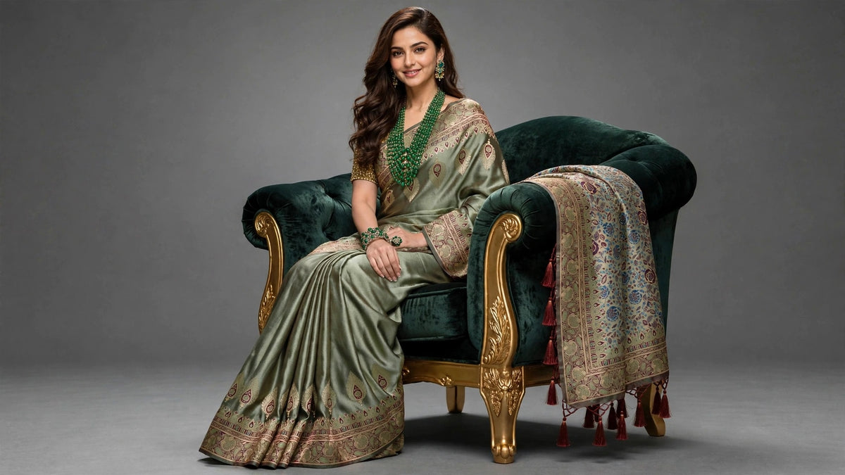 Sage Green Satin Silk Saree with Gold Zari Border & Floral Pallu