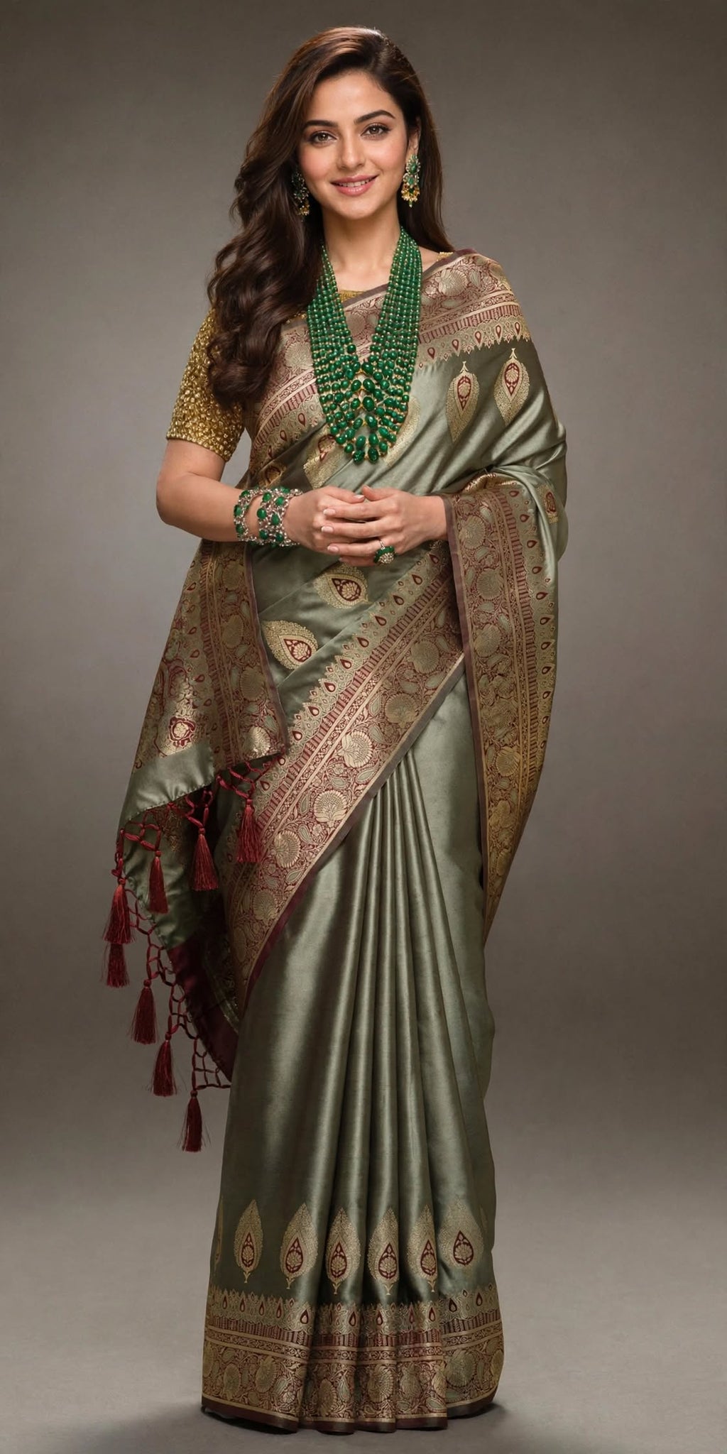 Sage Green Satin Silk Saree with Gold Zari Border & Floral Pallu