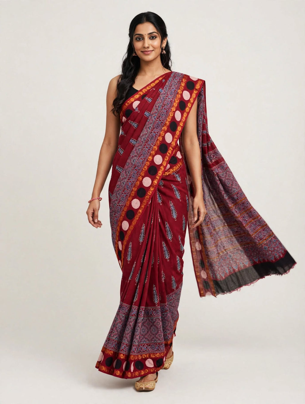 Maroon Ajrakh Block Print Soft Cotton Saree with Zari Border - Handcrafted