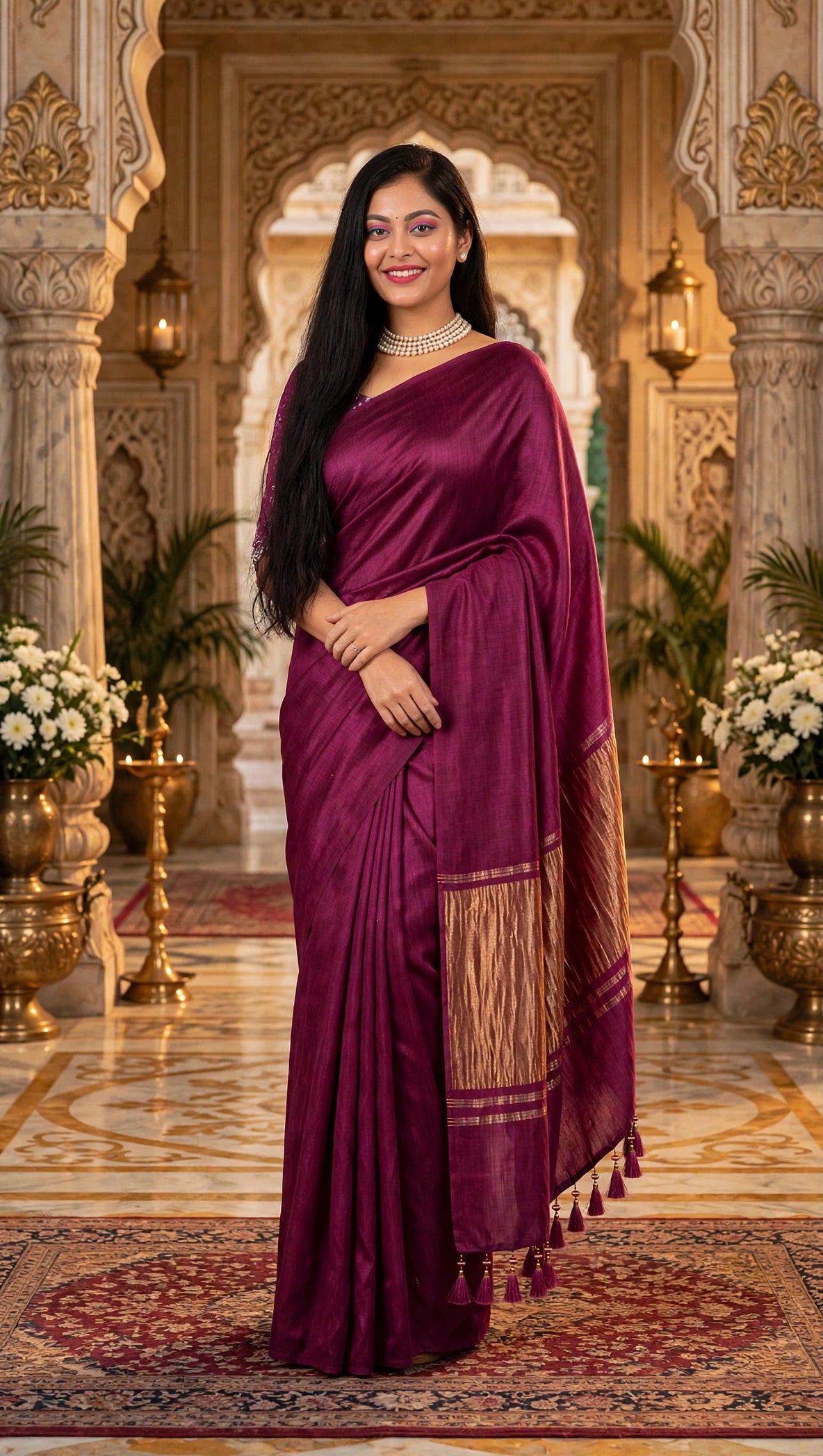 Premium Emerald Deep Wine Magenta Gajji Silk Saree